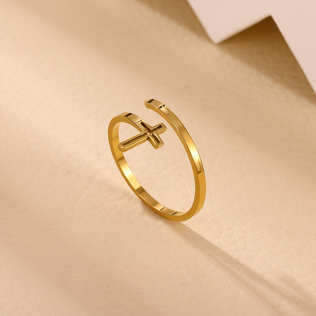 1 Золотое кольцо с открытым крестом из нержавеющей стали, стильное и минималистичное кольцо, ювелирный аксессуар для повседневной носки и вечеринок, элегантный ювелирный подарок, унисекс