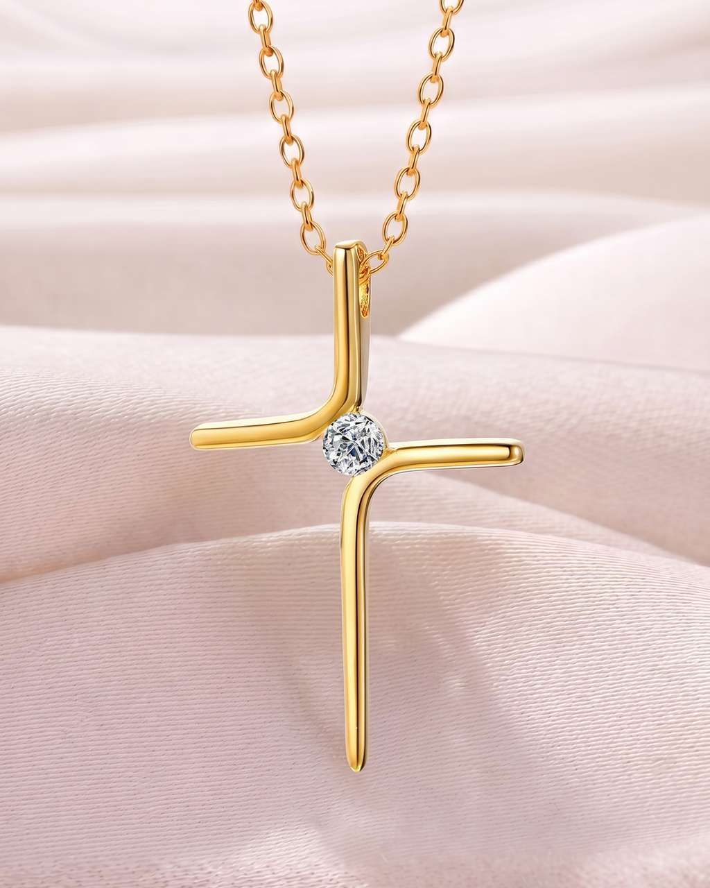Collana Minimalista con Croce e Zirconia Centrale (Placcata in Oro)